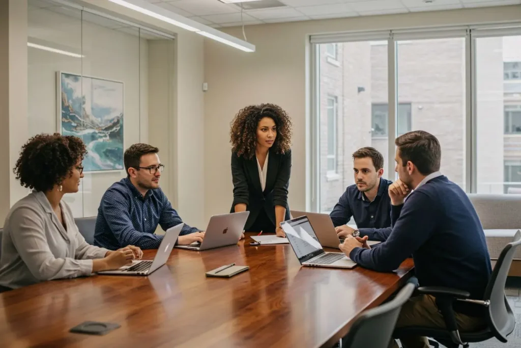 Réunion d’équipe autour d’une table illustrant une stratégie Pinterest pour entreprise
