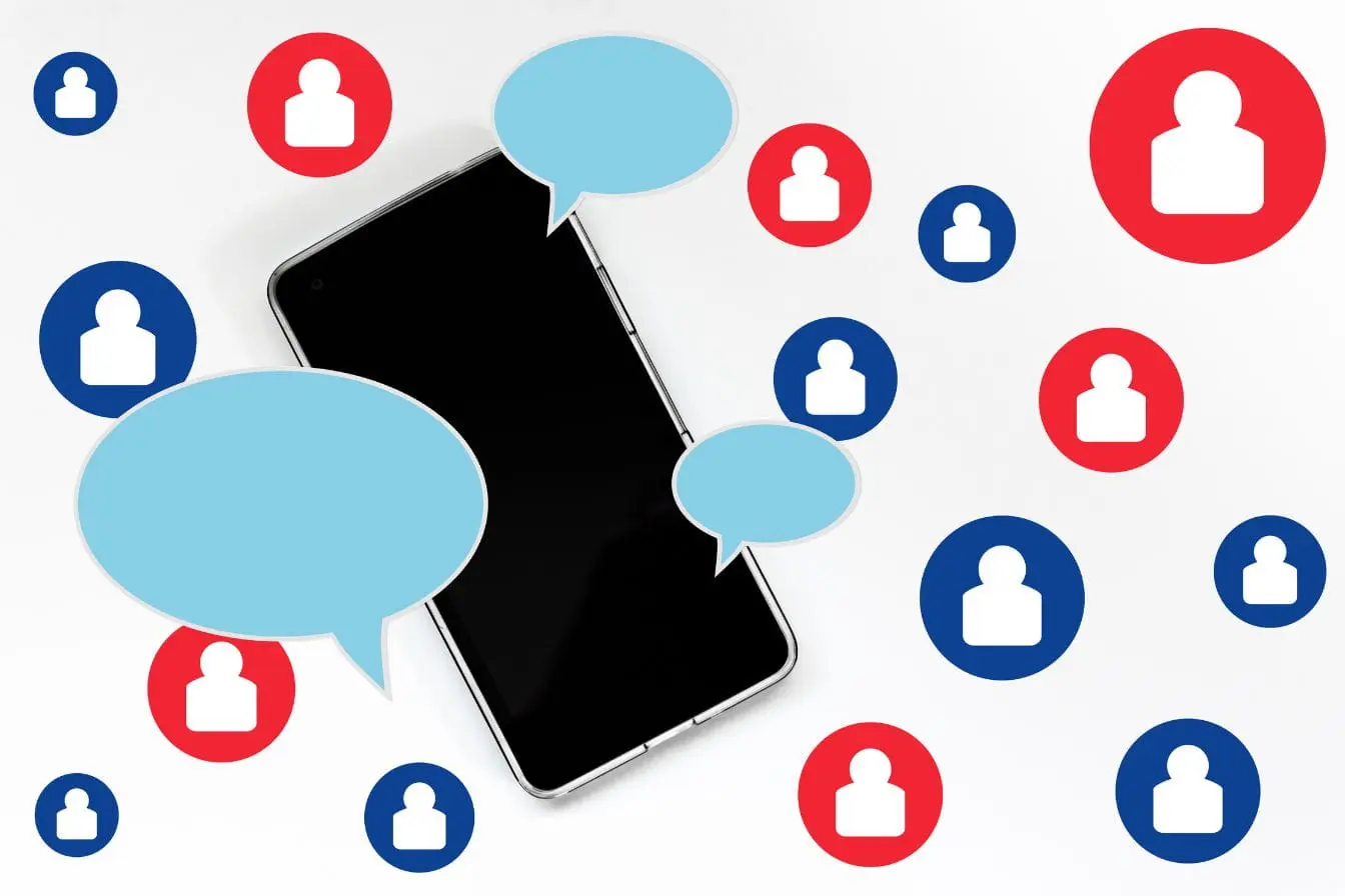 Icônes rouges et bleues autour d’un smartphone illustrant les interactions typiques sur LinkedIn