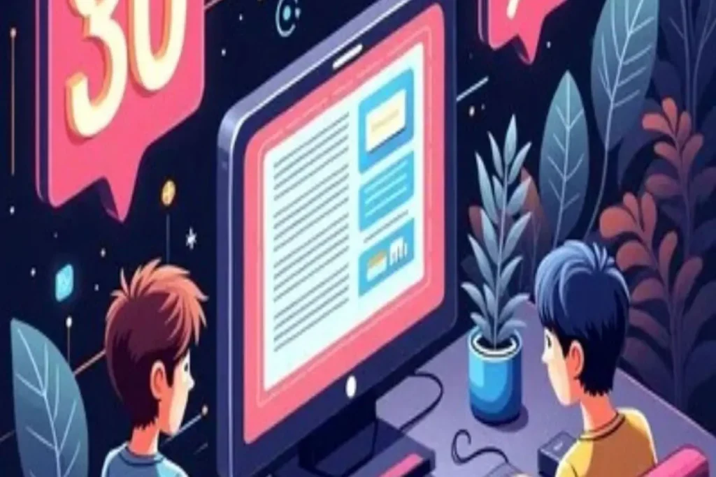 Illustration colorée avec deux personnes devant écran, image représentant l’optimisation d’une landing page pour améliorer conversion et engagement digital.