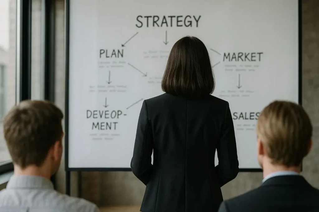 Présentation en salle avec tableau affichant stratégie, plan, développement, marché et ventes, image illustrant l’affiliation marketing et la planification.