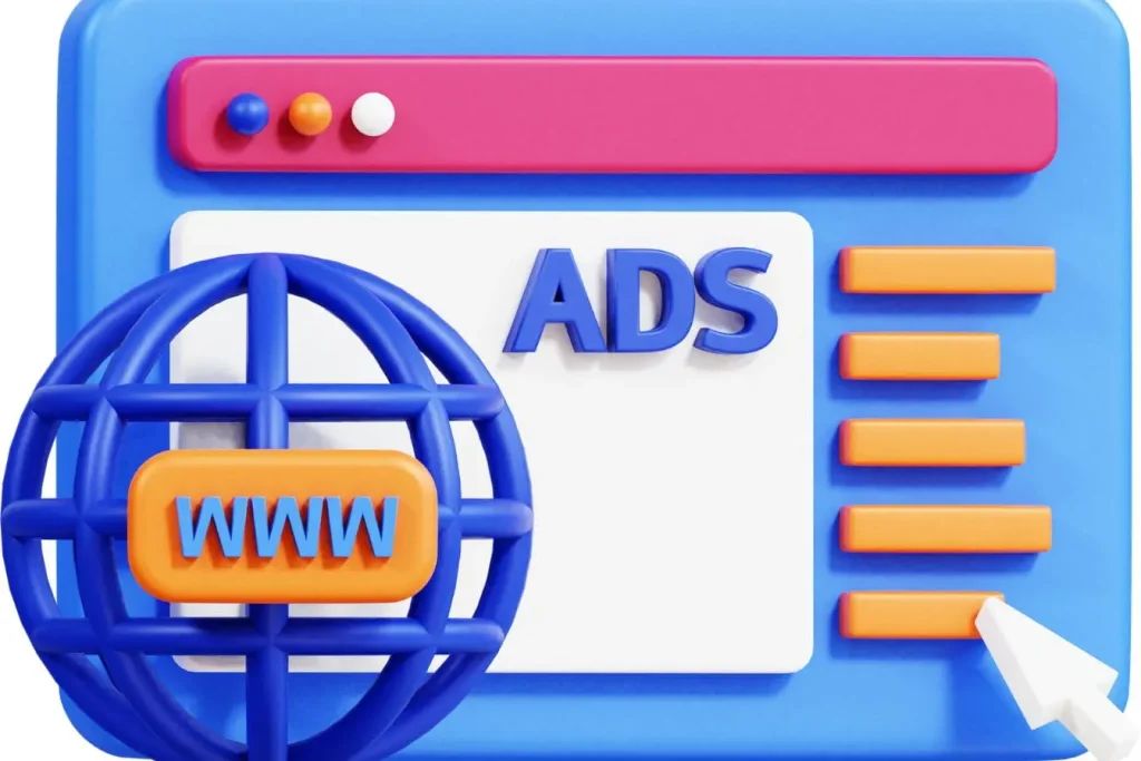 Visuel numérique avec globe www et texte ads illustrant le concept de campagnes Google Ads