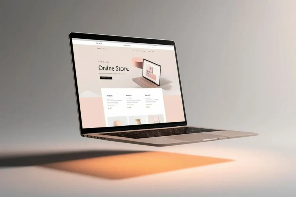 Laptop flottant affichant une boutique Shopify minimaliste avec produits et navigation illustrant la création d’un site e-commerce moderne