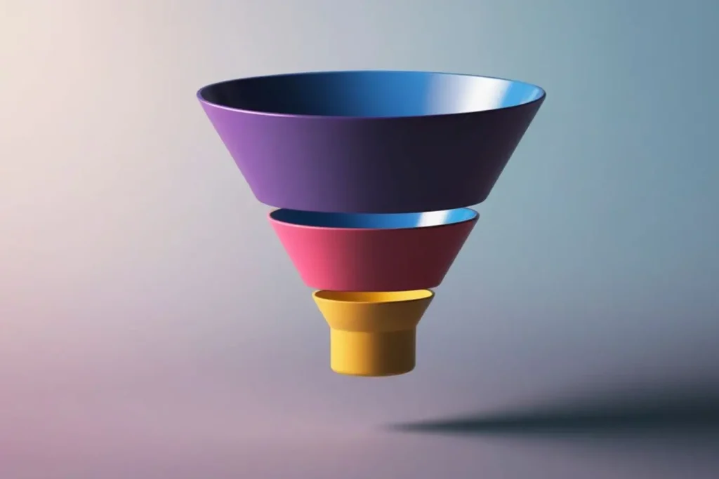 Entonnoir coloré à trois niveaux représentant le taux de conversion en marketing du large public initial vers clients qualifiés
