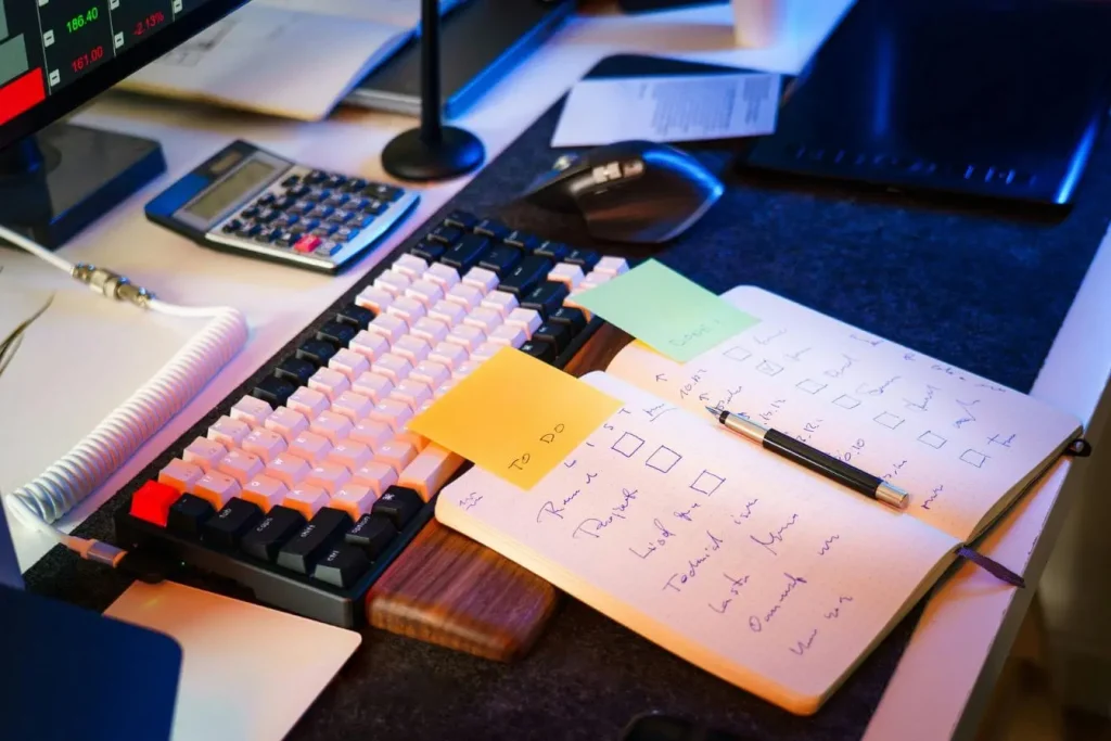 Bureau avec clavier mécanique et carnet illustrant la flexibilité de Notion, la simplicité visuelle de Trello et la rigueur structurée d’Asana.