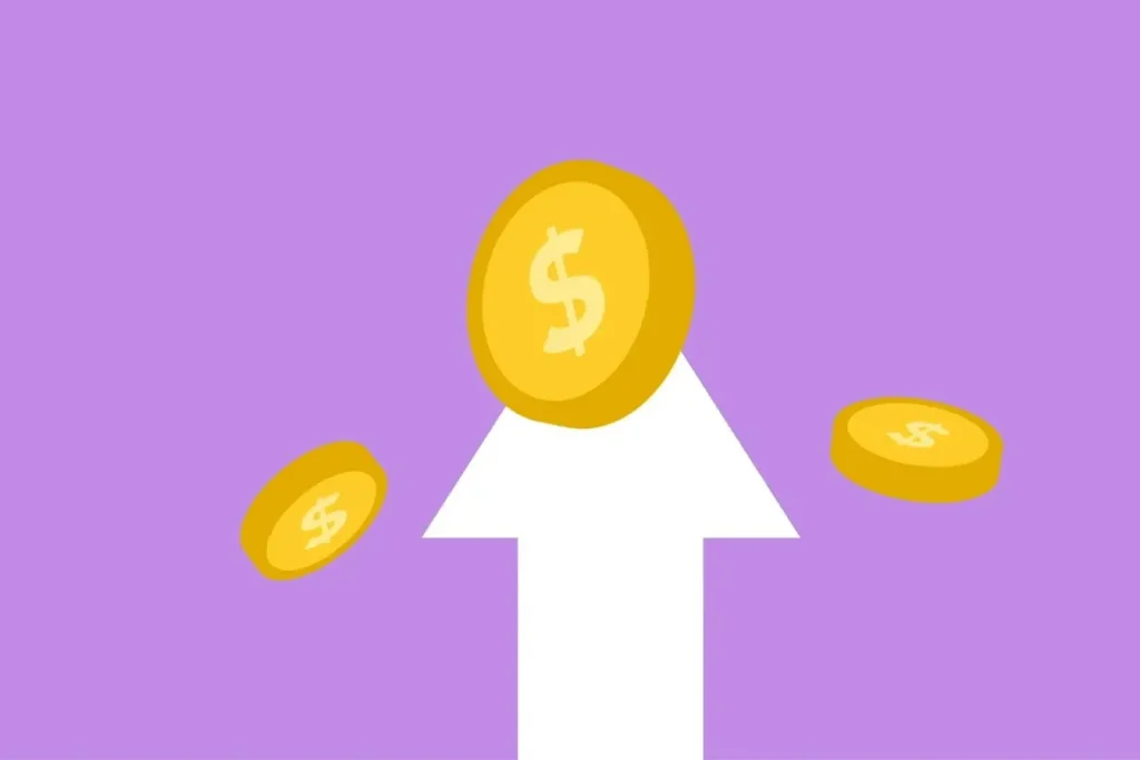 Flèche blanche ascendante avec pièces dorées, image illustrant l’économie des abonnements et la croissance des revenus récurrents.
