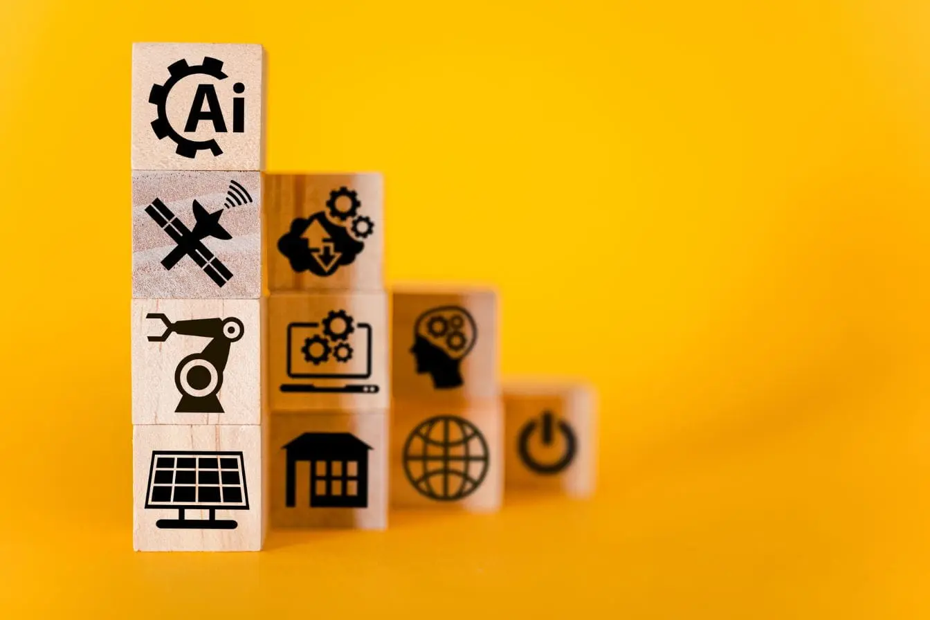 IA Escalier de blocs illustrant l’IA, la robotique et la connectivité, symbolisant l’intégration de l’IA générative dans une stratégie marketing innovante.
