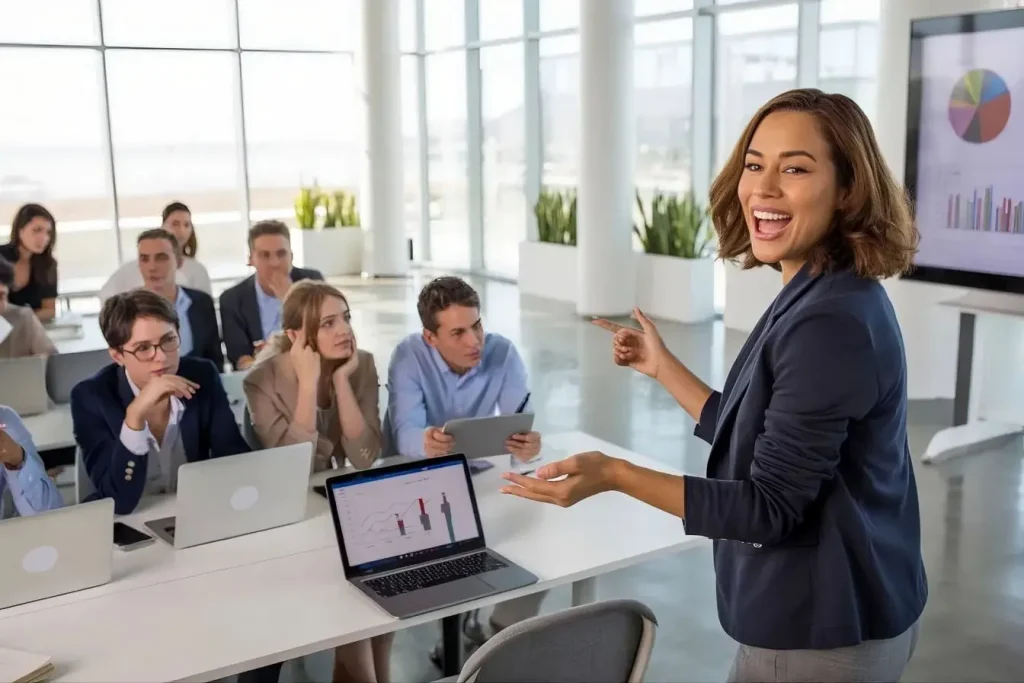 Manager présentant des données visuelles à une équipe connectée, symbole du management à distance et de la coordination numérique.