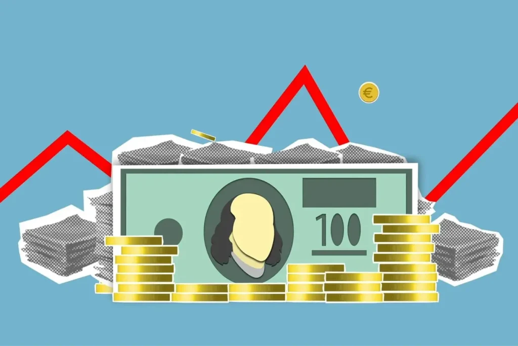 Billet vert entouré de pièces dorées et graphique rouge, image illustrant l’économie des abonnements et la croissance des revenus récurrents.