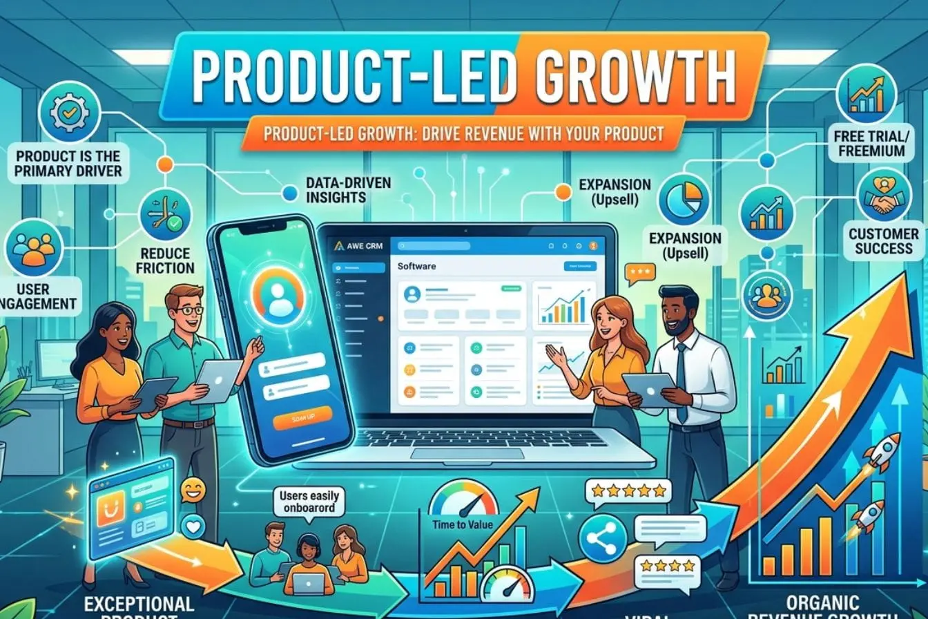 Infographie avec ordinateur et smartphone illustrant la stratégie Product-Led Growth centrée sur l’expérience produit et la croissance organique.