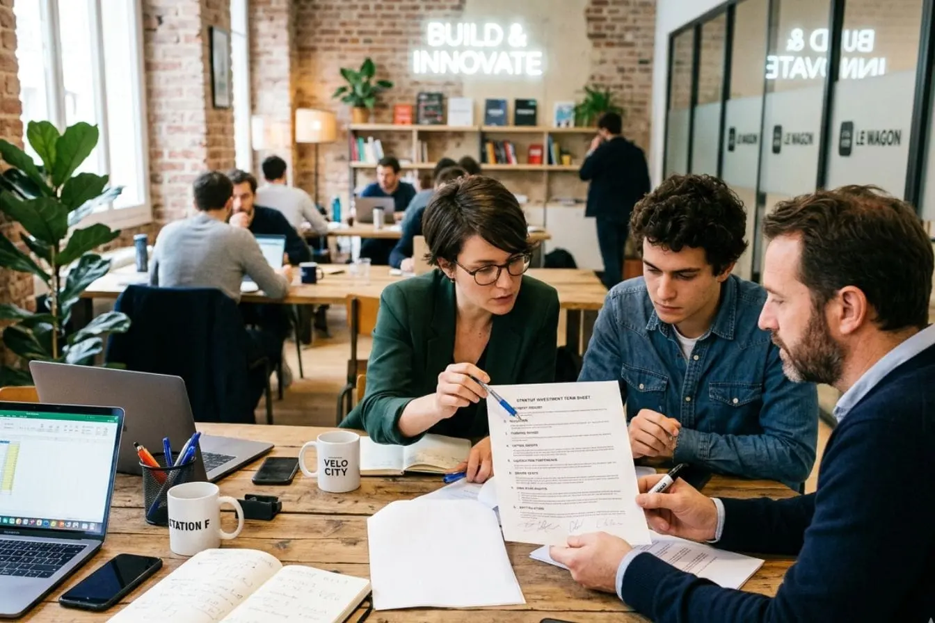 Term Sheet Trois personnes discutant autour d’un document imprimé sur table de coworking, image illustrant un Term Sheet.