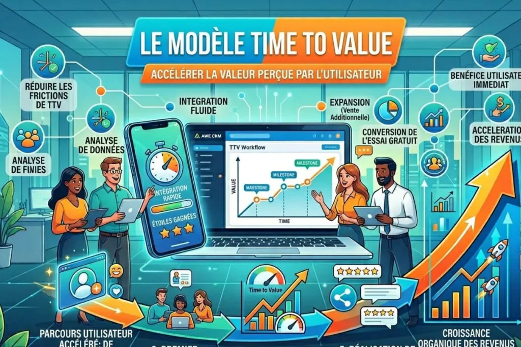 Infographie avec laptop et courbe TTV illustrant la stratégie Product-Led Growth axée sur valeur rapide et croissance organique.
