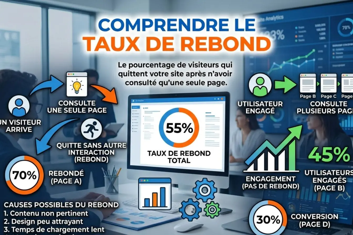 améliorer son taux de rebond Infographie montrant un écran avec 55% de taux de rebond et visiteurs quittant après une seule page, illustrant comment améliorer son taux de rebond.