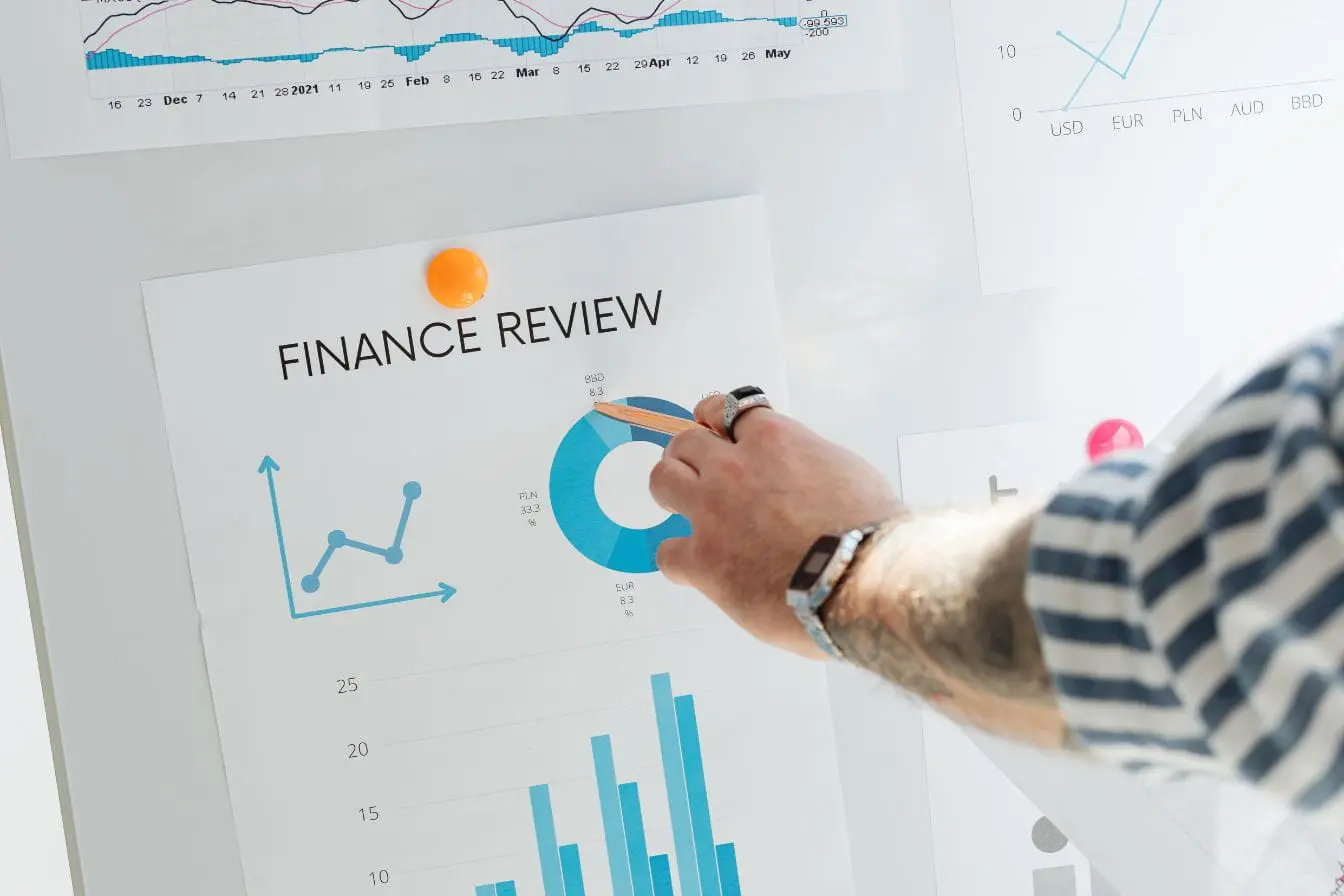analyse du Net Revenue Retention Feuille finance review avec graphiques reflétant l’analyse du Net Revenue Retention pour mesurer la croissance et la fidélisation clients.