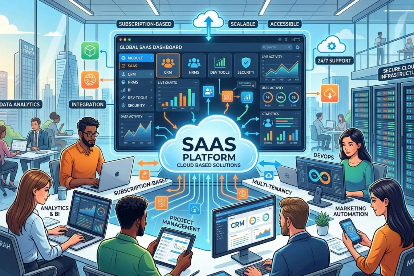 Bureau moderne avec écrans affichant un cloud central SaaS et modules intégrés, illustrant la puissance des solutions logicielles en ligne.
