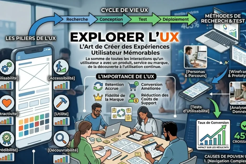 Infographie sur le cycle de vie UX avec piliers et méthodes, illustrant comment améliorer son taux de rebond grâce à une meilleure expérience utilisateur.