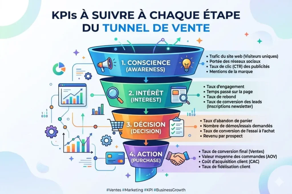 Infographie colorée présentant étapes du tunnel de vente avec indicateurs clés de performance pour chaque phase.