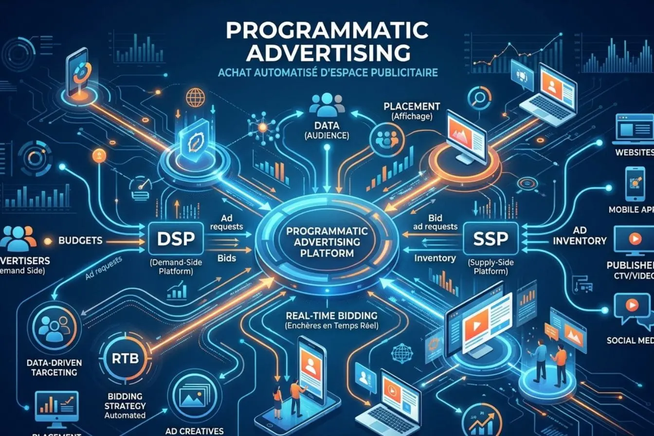 Infographie lumineuse illustrant le programmatic advertising, image montrant l’achat automatisé d’espaces publicitaires grâce aux données et enchères en temps réel.