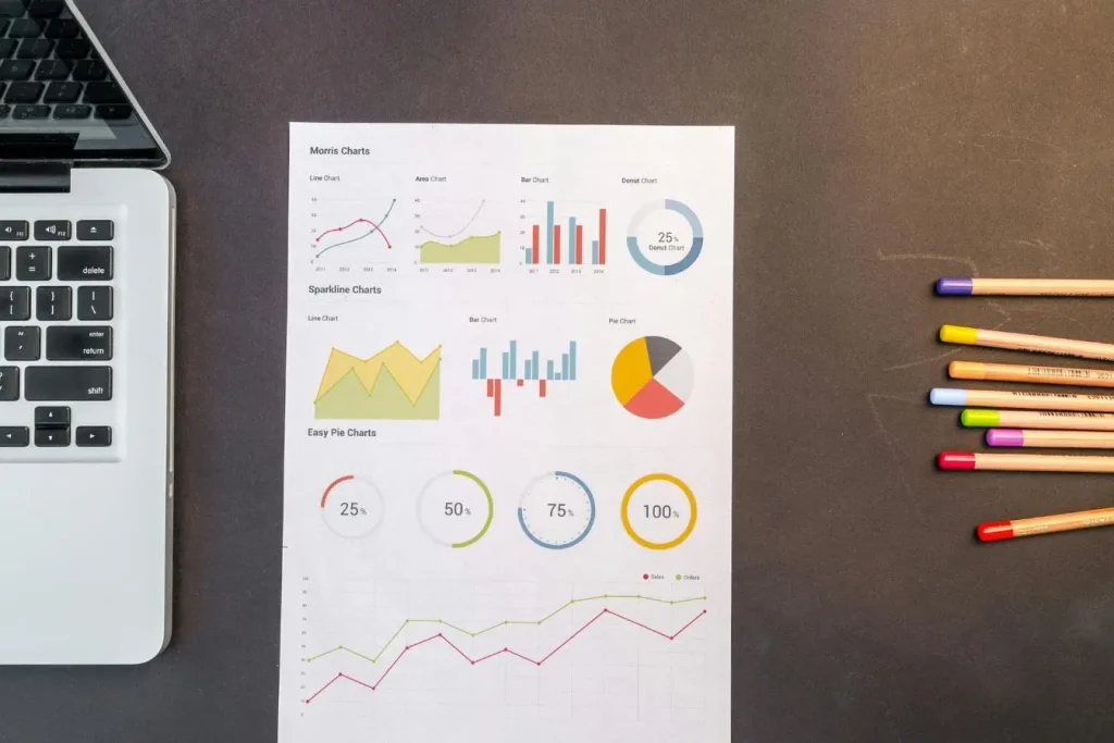 Feuille remplie de graphiques analysée comme support d’un marketing conversationnel centré sur l’échange client.
