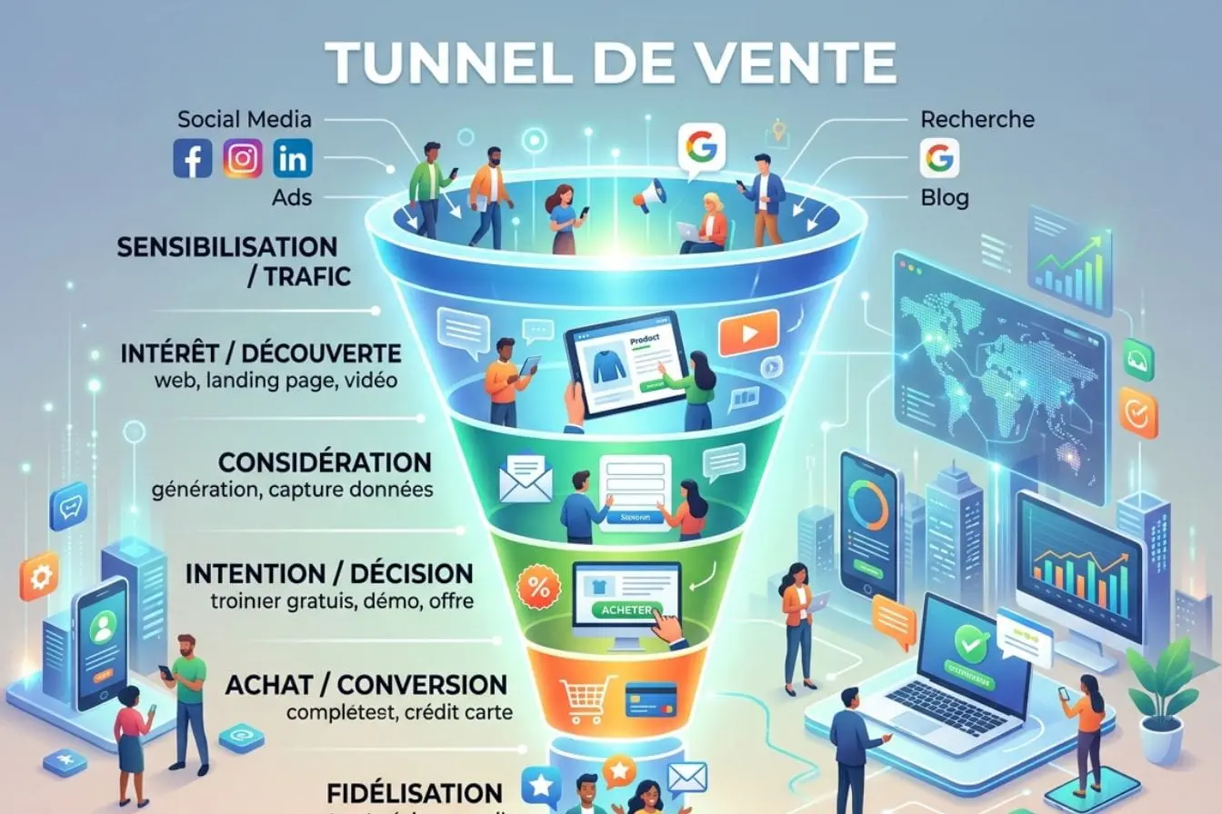 Illustration colorée d’un entonnoir marketing détaillant étapes du tunnel de vente de la sensibilisation à la fidélisation.
