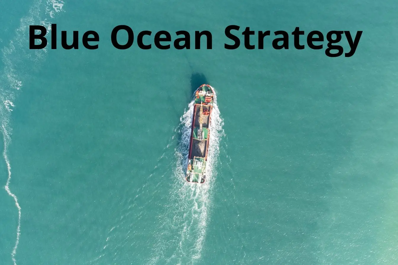 Blue Ocean Strategy Vue aérienne d’un cargo avançant sur une mer turquoise, image qui illustre la stratégie Blue Ocean et l’idée de créer de nouveaux espaces de marché.
