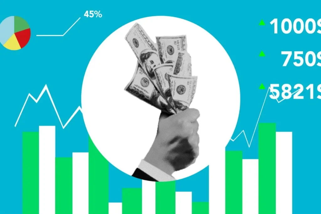 Main tenant des billets de cent dollars entourée de graphiques colorés, image qui illustre la croissance financière et l’analyse de l’EBITDA.