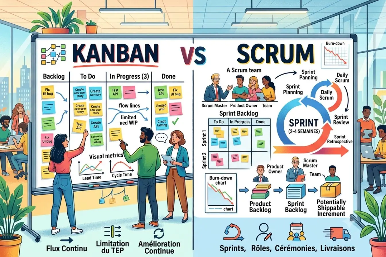 Kanban vs Scrum Tableau comparatif avec colonnes Kanban et cycle Scrum, image illustrant les différences entre ces deux méthodes agiles.