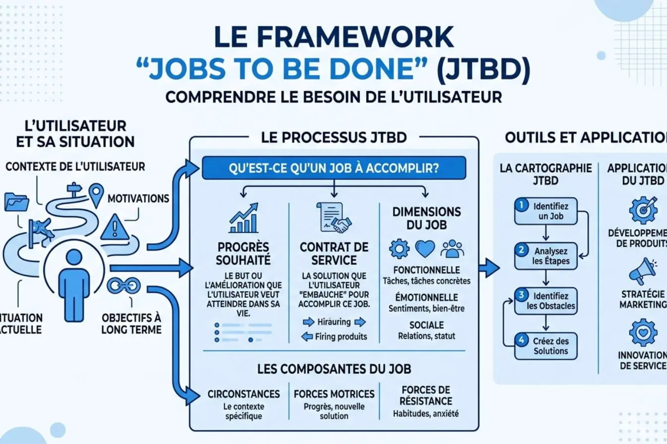 framework Jobs to be Done Infographie structurée en bleu présentant l’utilisateur, ses besoins et le processus JTBD, image qui illustre le framework Jobs to be Done.