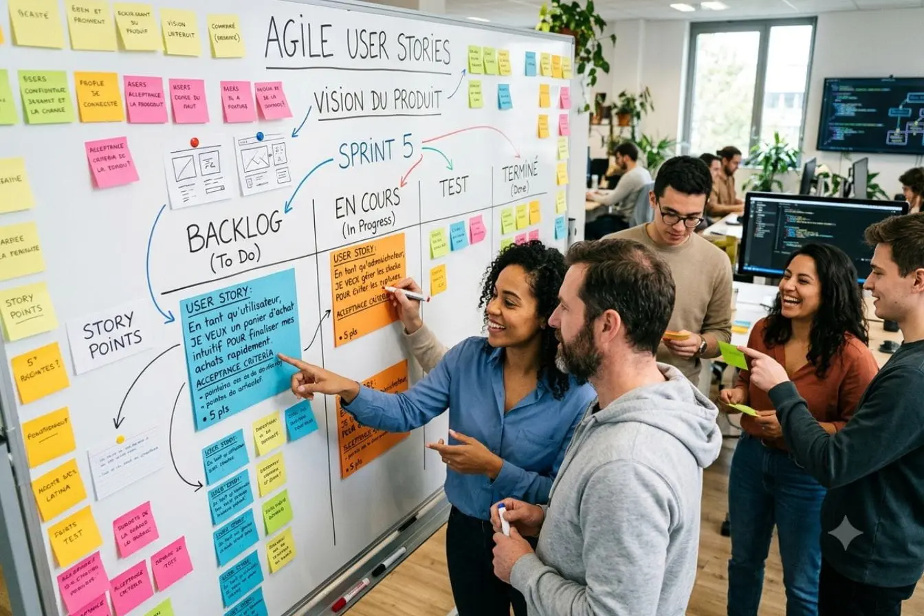 Groupe collabore devant tableau rempli de post-it colorés, image illustrant la création et gestion de user story agile.