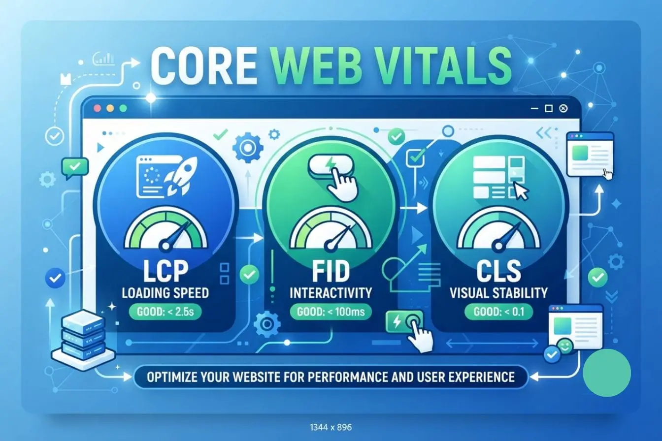Core Web Vitals Infographie colorée expliquant Core Web Vitals avec indicateurs de vitesse, interactivité et stabilité pour optimiser l’expérience utilisateur.