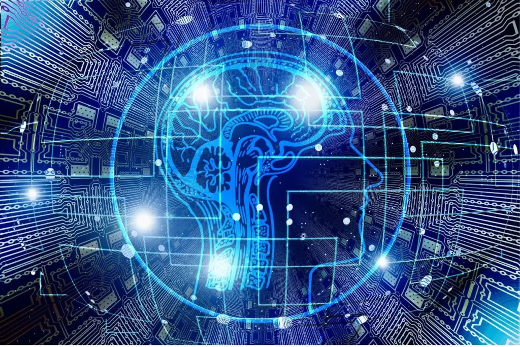 Illustration numérique d’un profil humain avec cerveau lumineux et circuits, image qui illustre la fusion entre intelligence humaine et NLP.