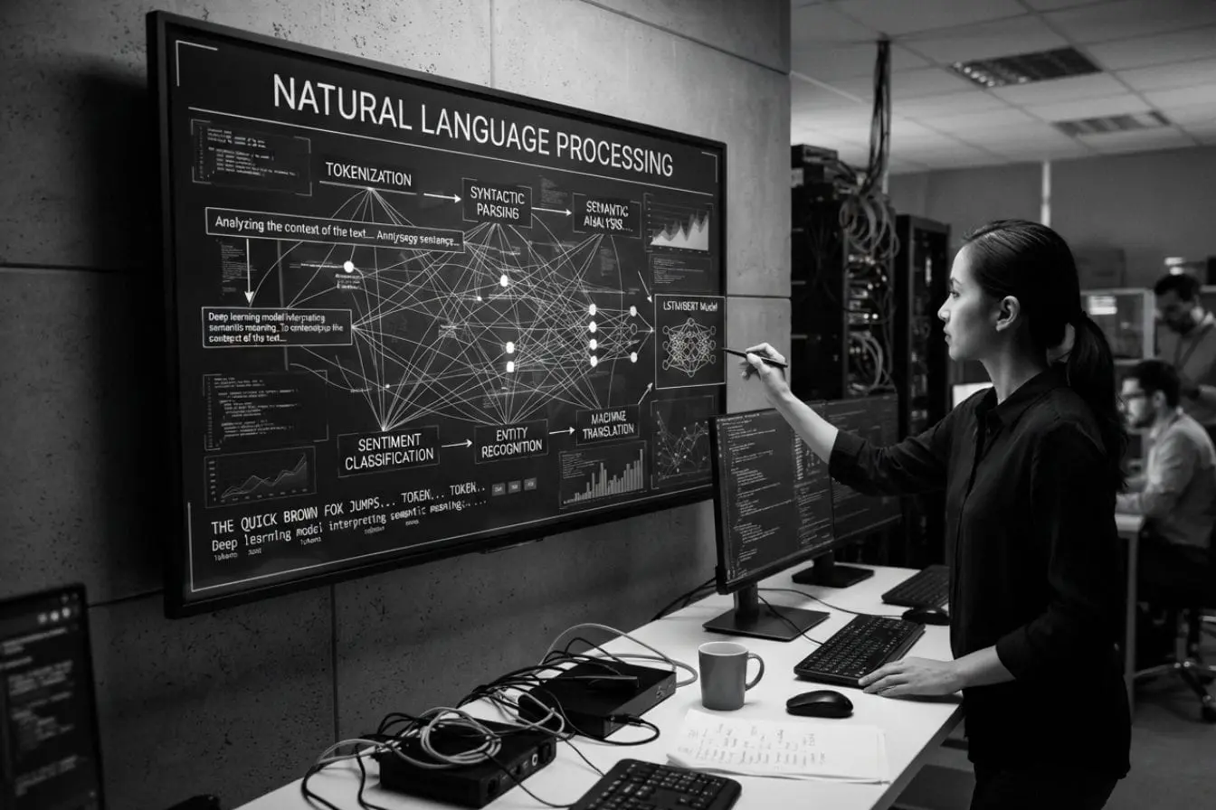 Personne utilisant un stylet devant écran géant affichant schémas de NLP, image qui illustre l’analyse automatique du langage naturel.