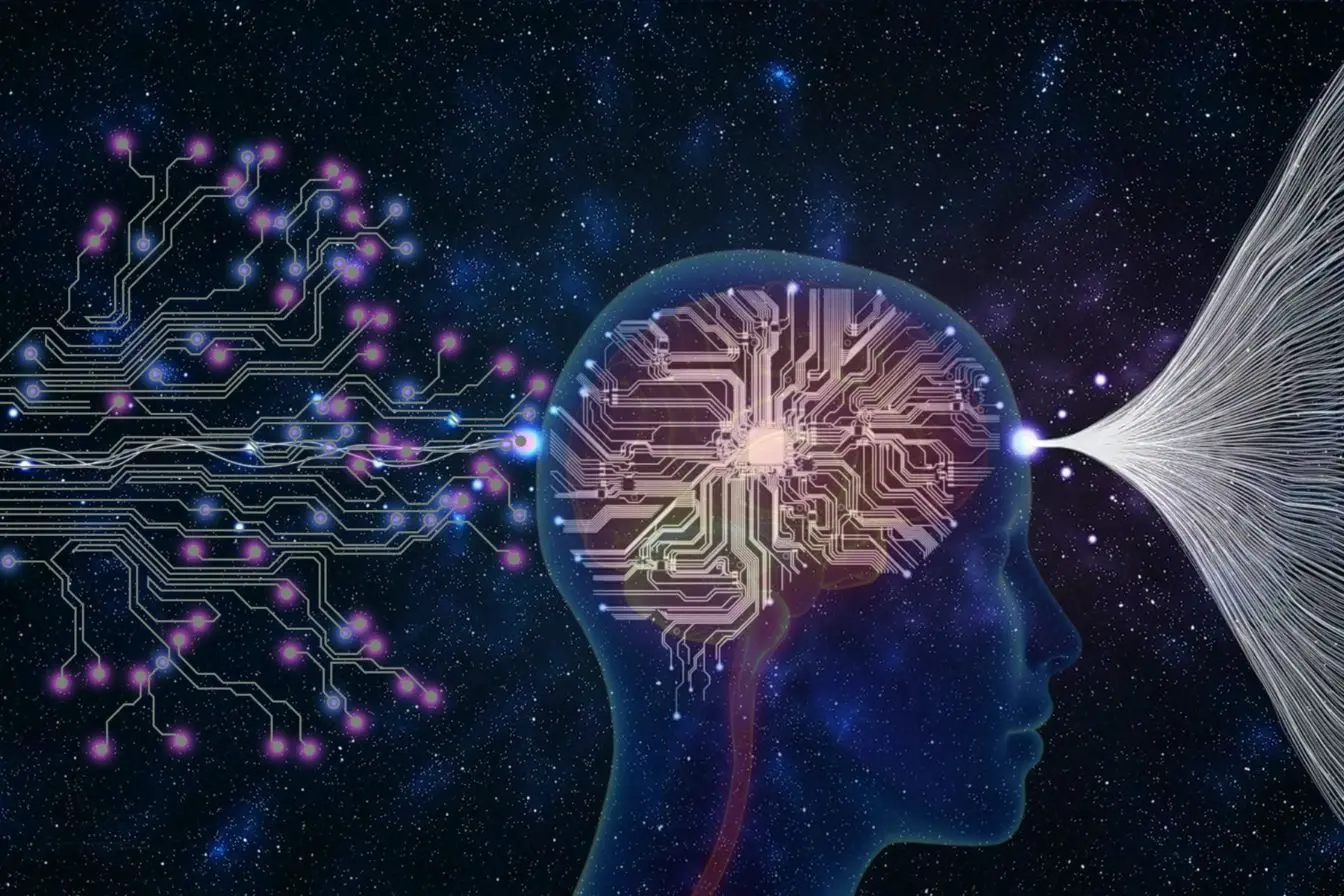 Silhouette humaine illustrant un second cerveau numérique, circuits lumineux connectés au cerveau et flux d’informations projetés vers l’extérieur.