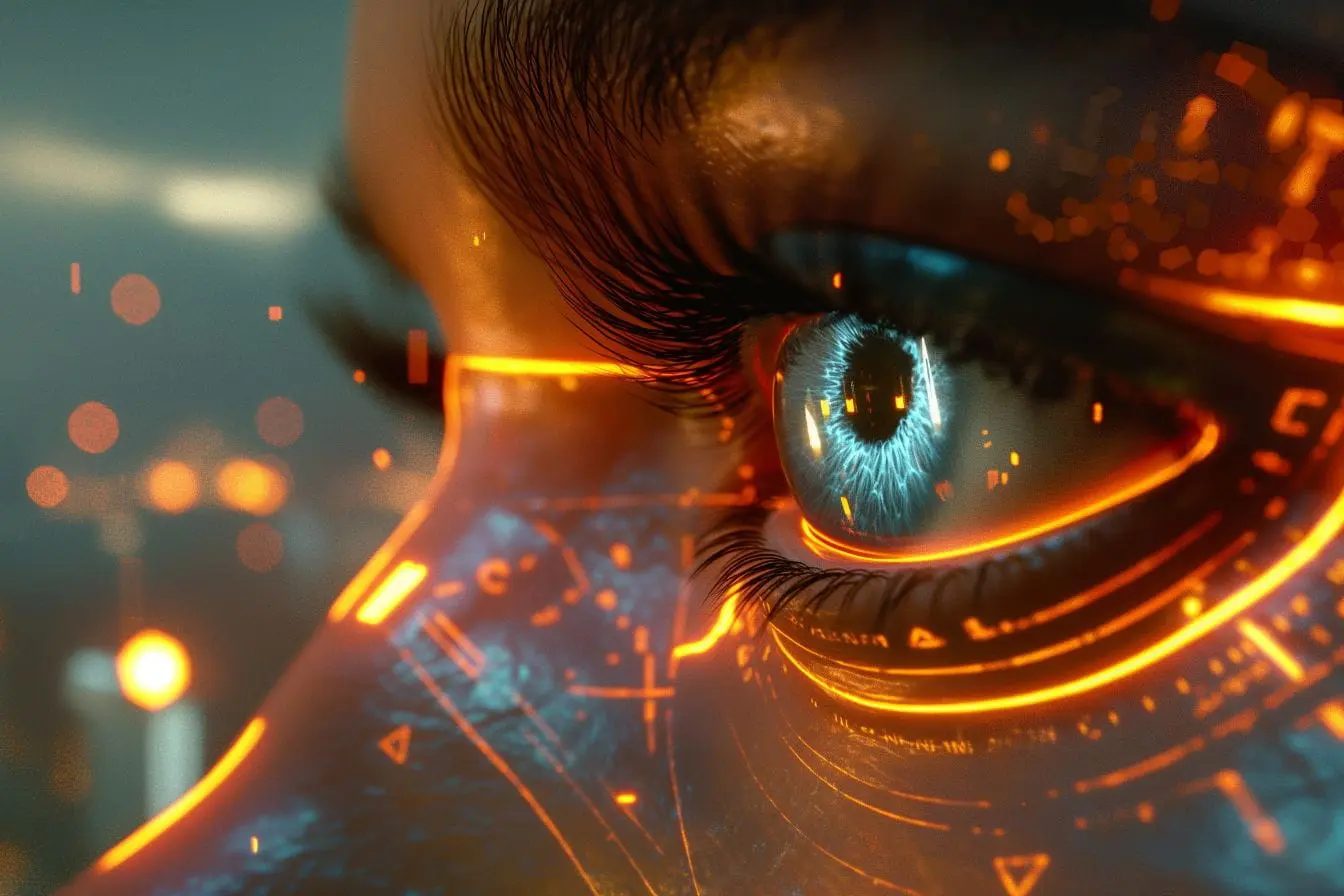 computer vision Gros plan sur un œil humain illuminé de motifs bleus, image qui illustre la fusion entre perception biologique et analyse numérique en computer vision.