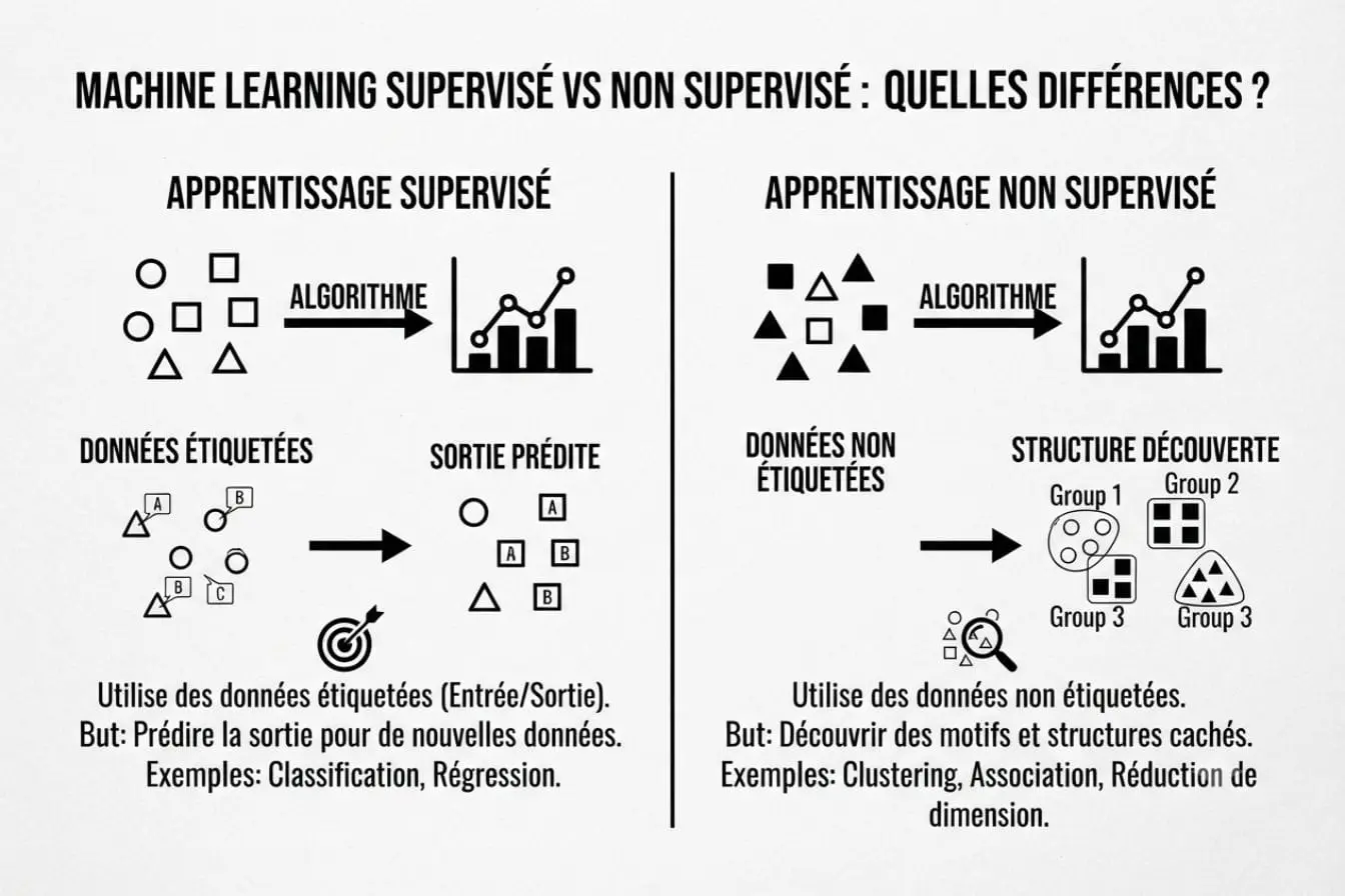 machine learning supervisé vs non supervisé Infographie comparant apprentissage supervisé avec données étiquetées et apprentissage non supervisé basé sur motifs cachés.