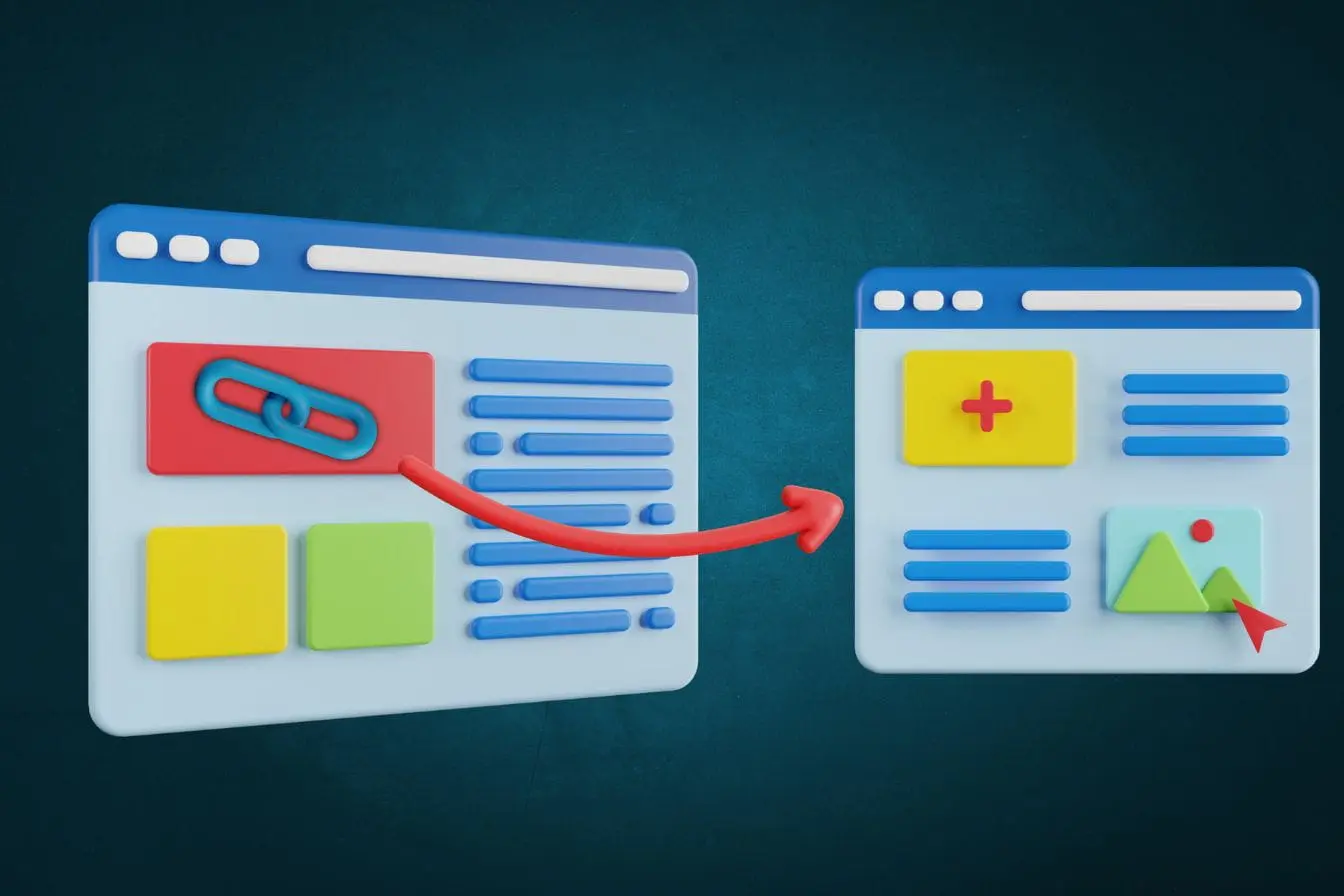 Illustration de deux fenêtres reliées par une flèche rouge, représentant le maillage interne en SEO pour optimiser la navigation et la visibilité des pages.
