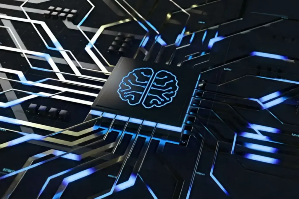 Illustration futuriste d’un second cerveau numérique, puce électronique avec circuits lumineux évoquant cognition artificielle.