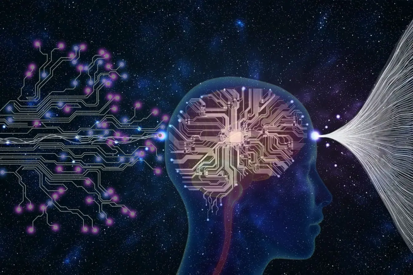 neuromarketing Silhouette humaine avec cerveau en circuits lumineux, reflet des liens entre neurosciences et marketing dans le neuromarketing.