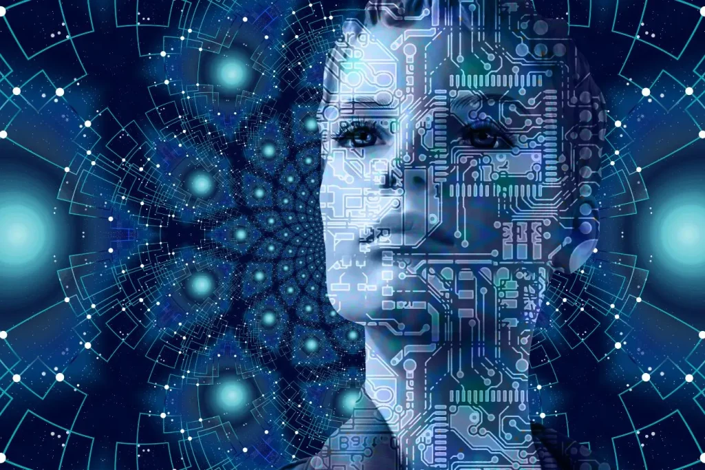 Visage numérique composé de circuits et de connexions lumineuses sur fond technologique, illustrant le fonctionnement d’un grand modèle de langage capable d’analyser du texte