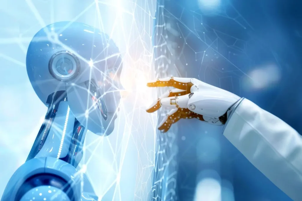 Robot humanoïde interagissant avec une interface de données connectées, illustrant le fine-tuning d’un modèle d’IA pour améliorer sa précision sur des tâches spécifiques