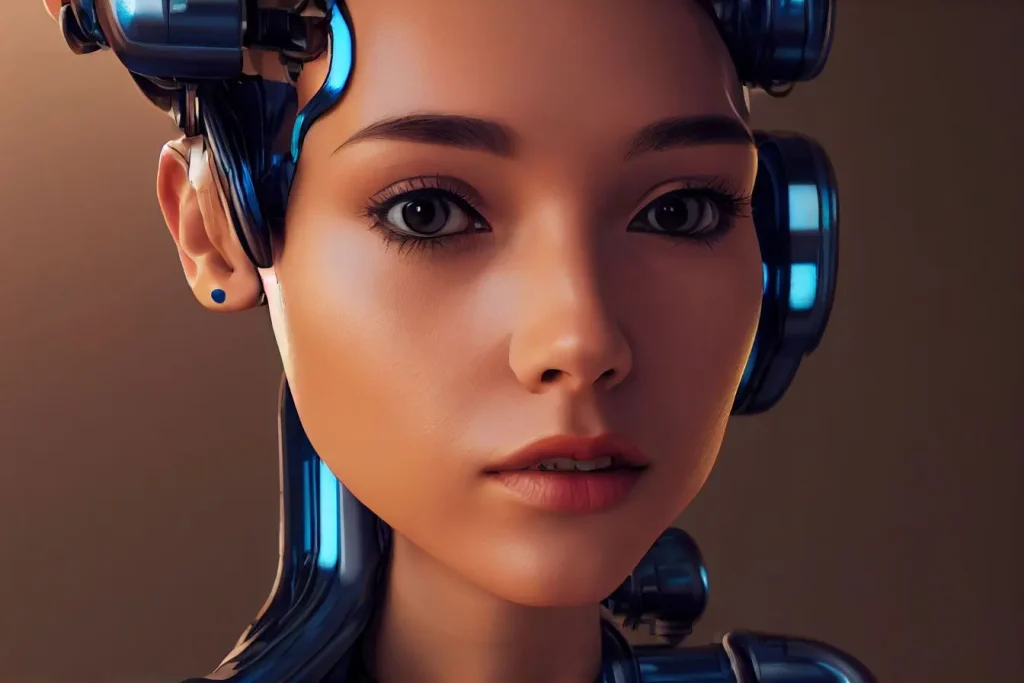 Gros plan sur le visage stylisé d'une femme bionique dotée d'implants métalliques bleus, illustrant l'intégration de données par le RAG en intelligence artificielle.